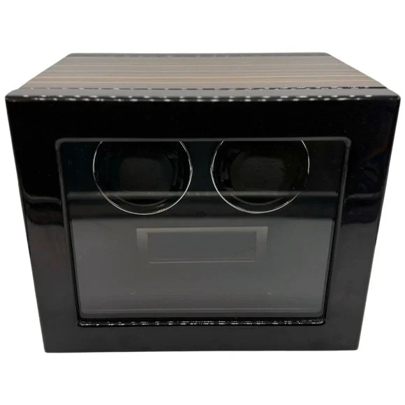 Dual Watch Winder Ebony Wood Grain Finish Black Automatic Watch Box with Adapter